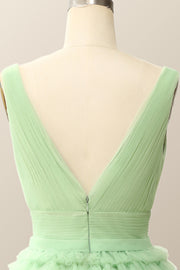 V Neck Mint Green Ruffle A-line Short Homecoming Dress