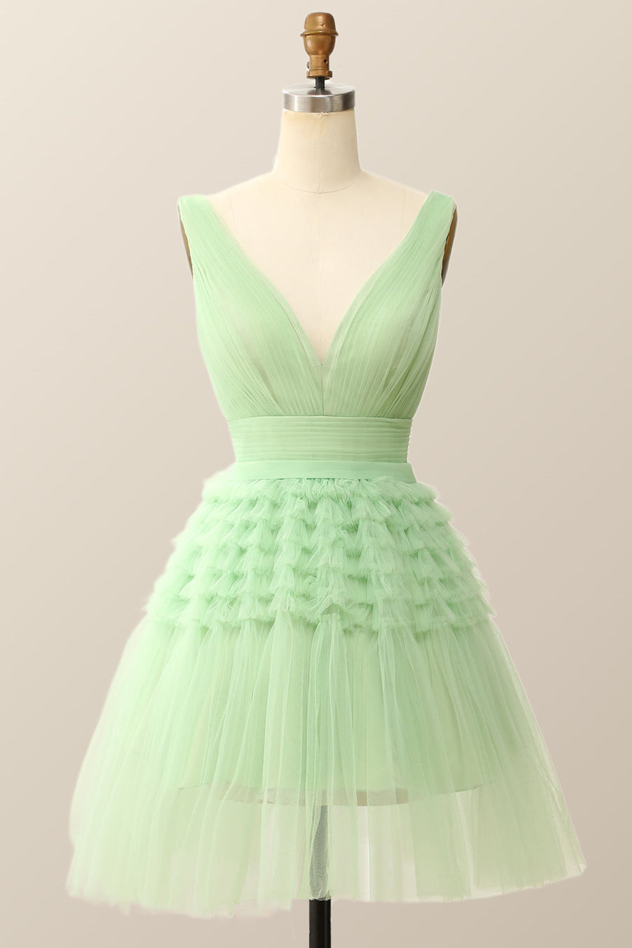V Neck Mint Green Ruffle A-line Short Homecoming Dress