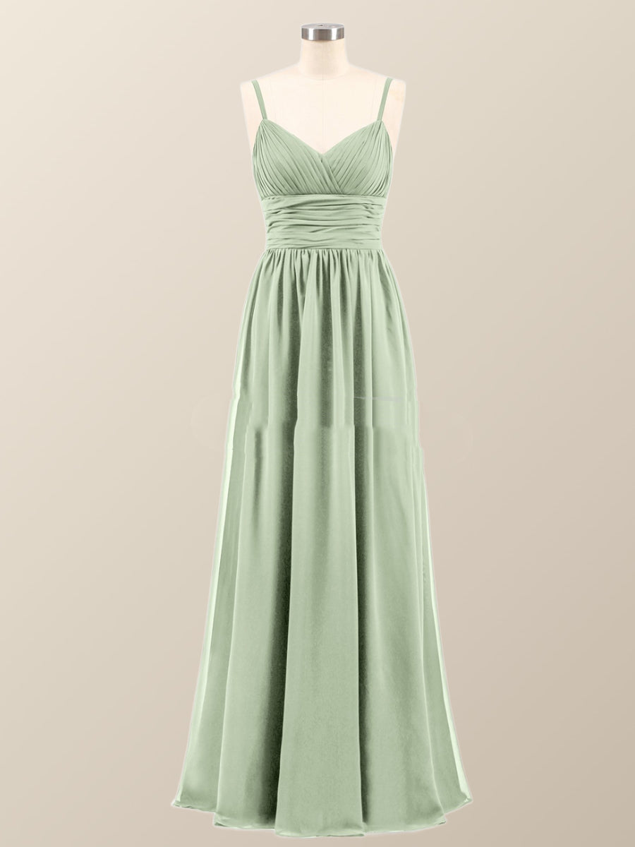 Sage Green Straps Pleated Empire Long Bridesmaid Dress