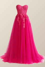 Hot Pink Lace Appliques A-line Long Dress