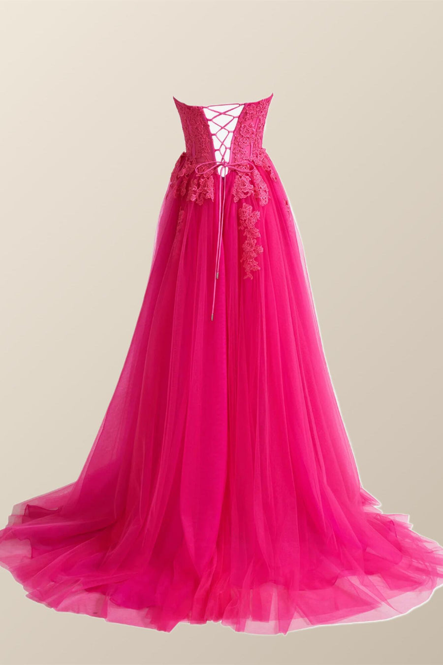 Hot Pink Lace Appliques A-line Long Dress