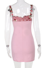 Appliques Neck Pink Lace-up Front Short Dress