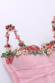 Appliques Neck Pink Lace-up Front Short Dress