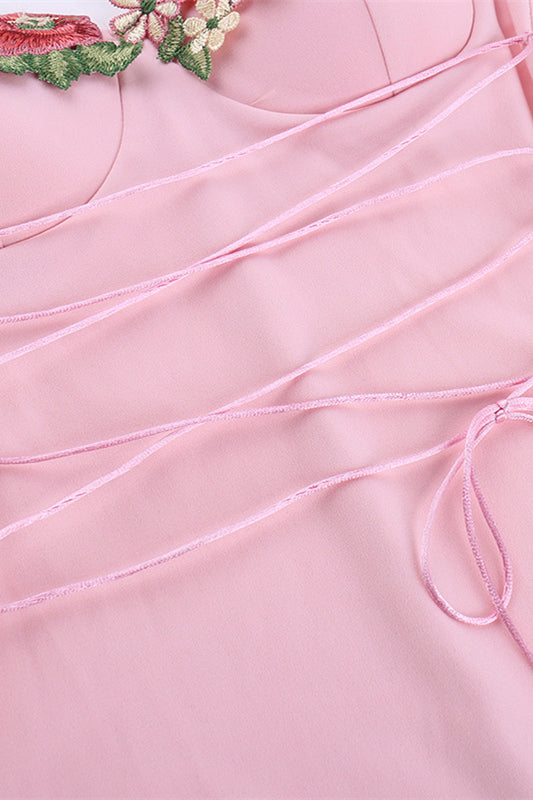 Appliques Neck Pink Lace-up Front Short Dress