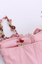 Appliques Neck Pink Lace-up Front Short Dress