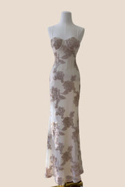 Apricot 3D Flower Fitted Long Dress