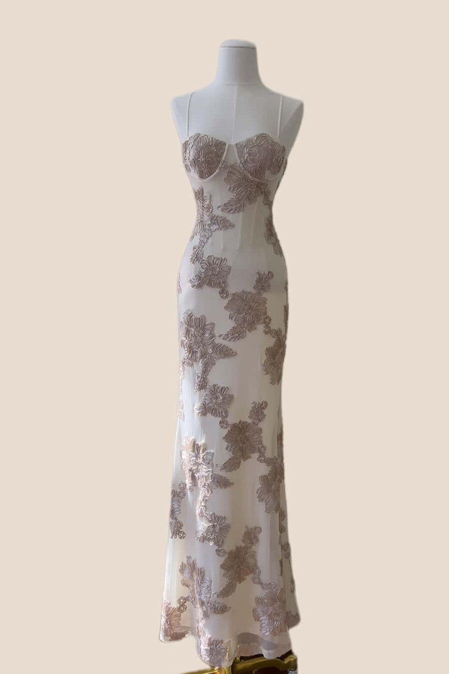 Apricot 3D Flower Fitted Long Dress