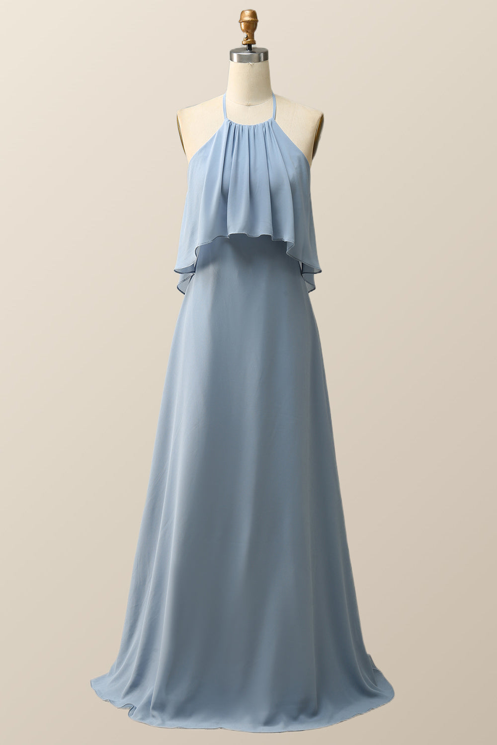 Halter Misty Blue Chiffon Long Bridesmaid Dress