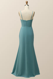 Spaghetti Straps Teal Green Chiffon A-line Long Bridesmaid Dress