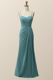 Spaghetti Straps Teal Green Chiffon A-line Long Bridesmaid Dress