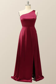 One Shoulder Wine Red Satin A-line Formal Dress