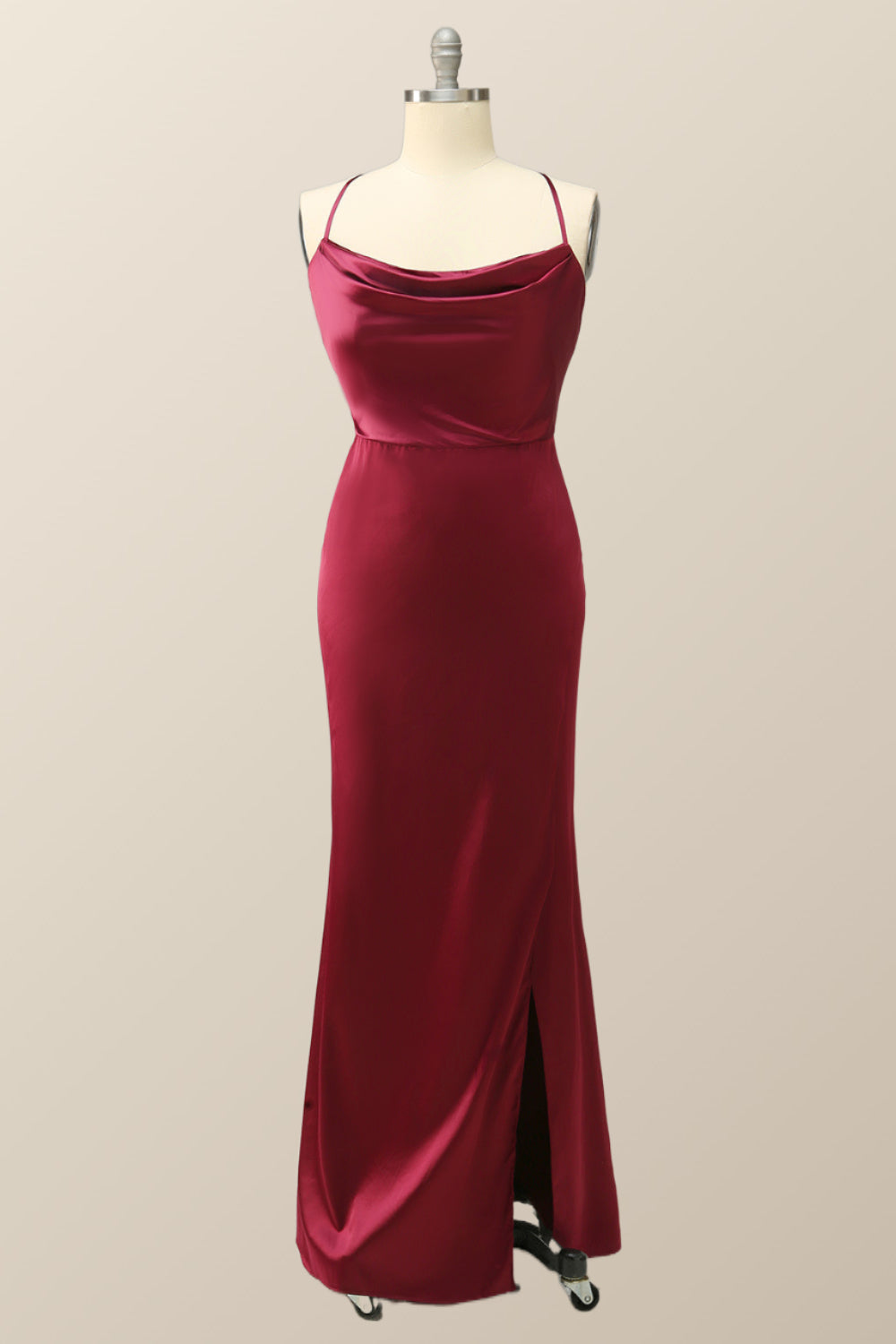 Cowl Neck Wine Red Straps Long Evening Dress