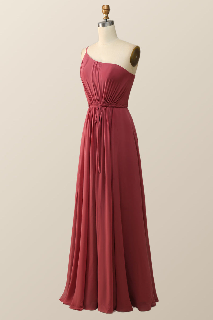 One Shoulder Terracotta Chiffon Long Bridesmaid Dress