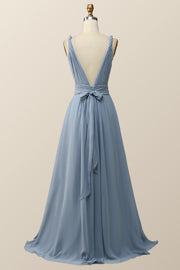 Twisted Straps Blue Chiffon A-line Long Bridesmaid Dress