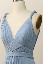 Twisted Straps Blue Chiffon A-line Long Bridesmaid Dress