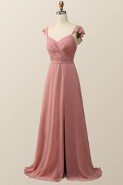 Blush Pink Ruffle Straps Chiffon Long Bridesmaid Dress