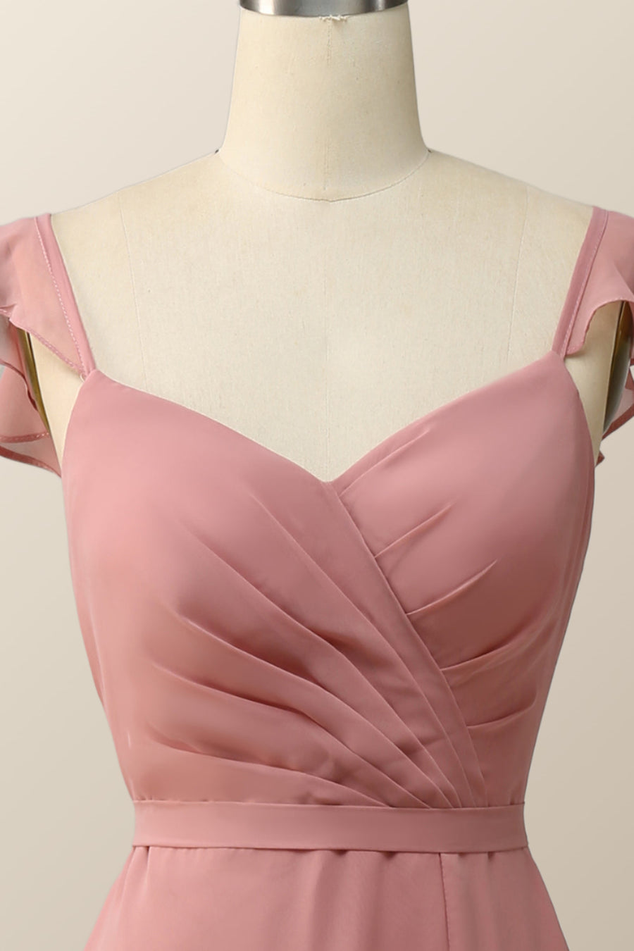 Blush Pink Ruffle Straps Chiffon Long Bridesmaid Dress