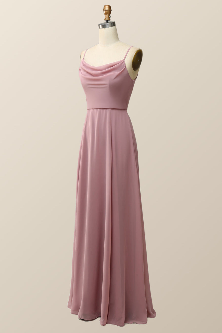 Blush Pink Cowl Neck Chiffon Long Bridesmaid Dress