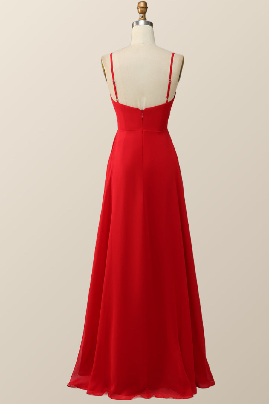 Straps Red Twisted Chiffon Long Bridesmaid Dress