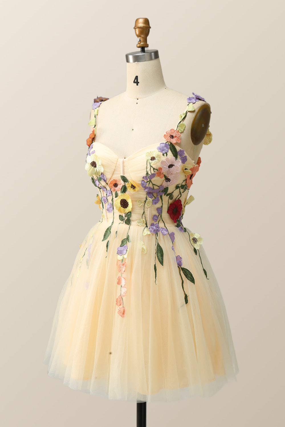 Floral Embroidered Champagne Tulle Short Homecoming Dress