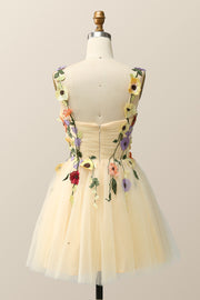 Floral Embroidered Champagne Tulle Short Homecoming Dress