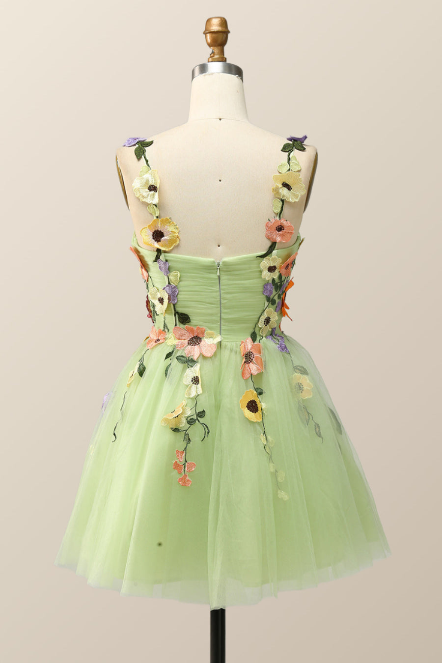 Floral Embroidered Sage Green Tulle Short Homecoming Dress