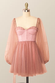 Puffy Long Sleeves Blush Pink Corset Short Dress