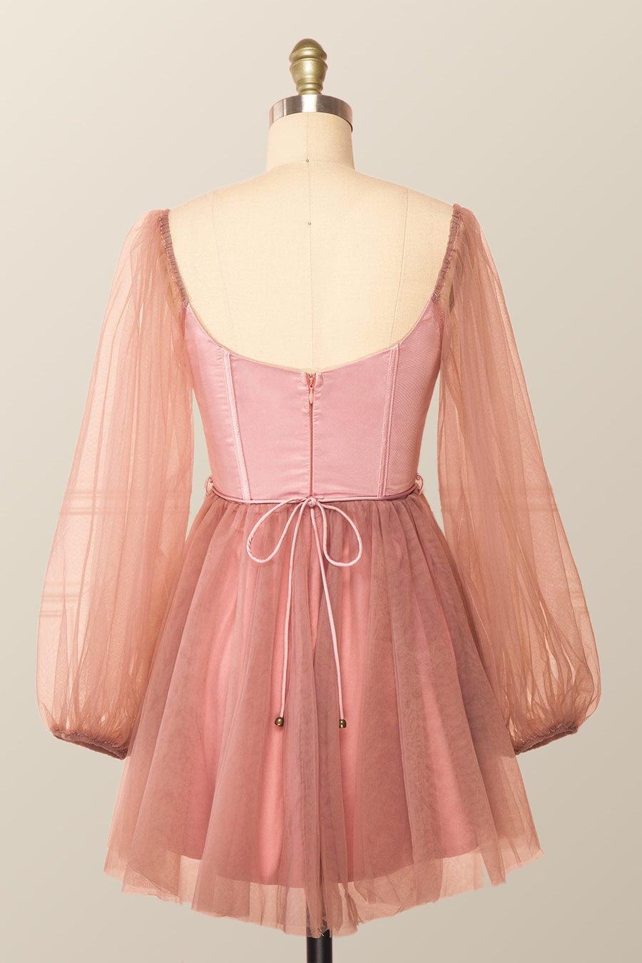 Puffy Long Sleeves Blush Pink Corset Short Dress