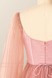 Puffy Long Sleeves Blush Pink Corset Short Dress