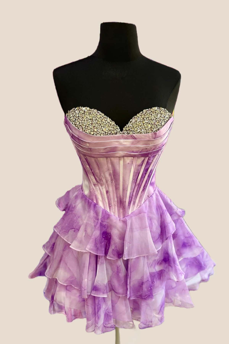 Beaded Neck Purple Watercolor Print Tiered Short Dress