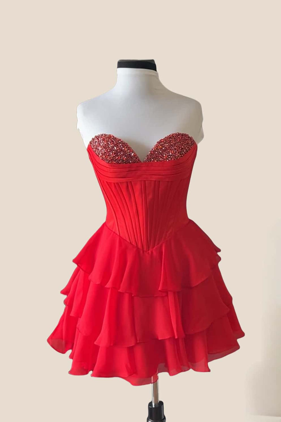 Beaded Neck Red Tiered A-line Short Dress