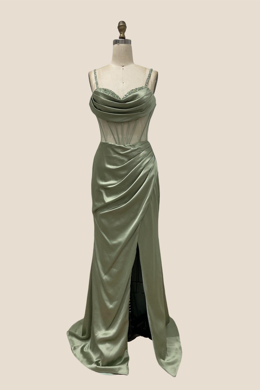 Beaded Neck Sage Green Long Dress with Slit