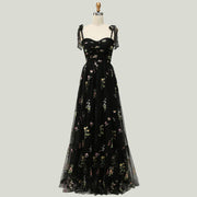 Black A-line Embroidered Long Formal Gown