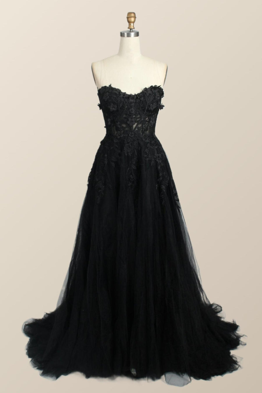 Black Floral Embroidery Strapless A-line Formal Dress