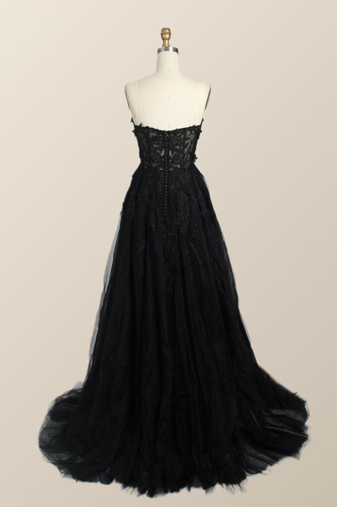 Black Floral Embroidery Strapless A-line Formal Dress