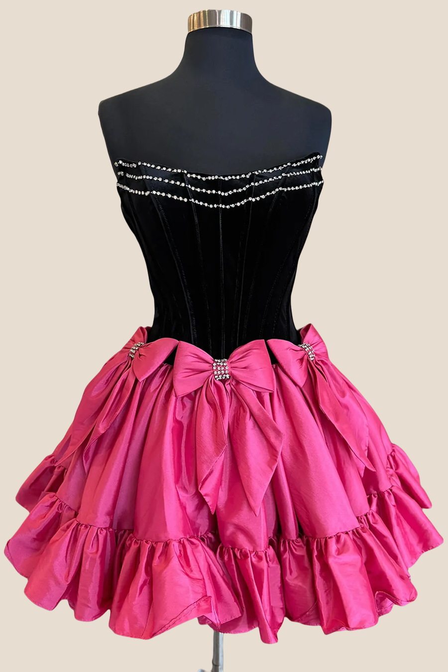 Black and Hot Pink Ruffle Hem Short Dress with Bow