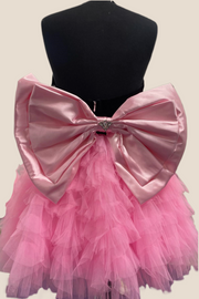 Black and Pink Halter Ruffles Short Dress with Bow