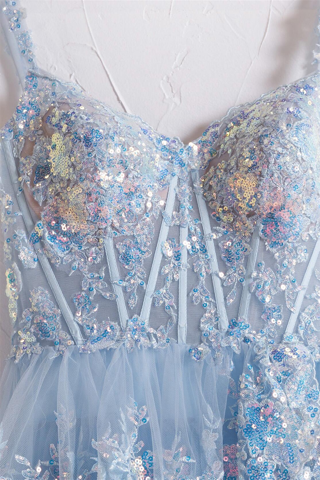 Off the Shoulder Light Blue Sequin Ruffles Long Formal Dress – Ohmollydress