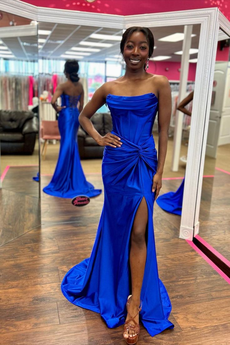 Blue Satin Mermaid Strapless Lace Appliqued Prom Dresses, Party Dress, PL597 main image 1