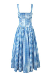 Blue and White Plaid Summer Dress with Pocket