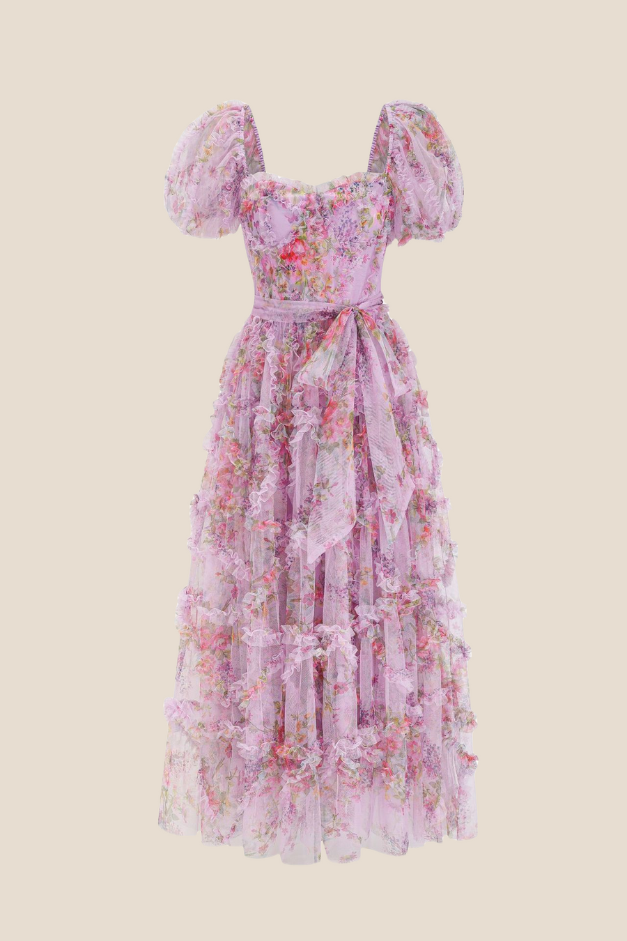 Bow Tie Purple Floral Print A-line Long Dress