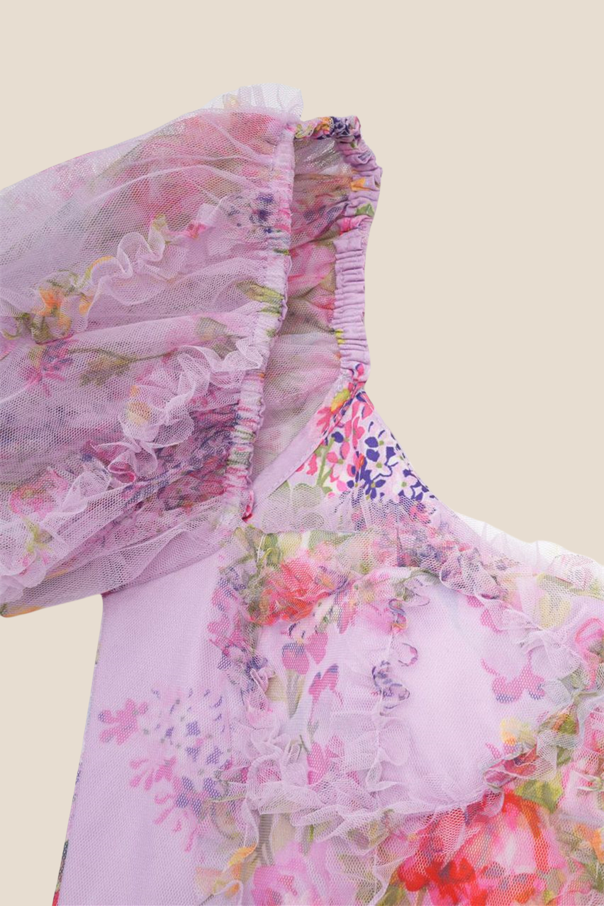 Bow Tie Purple Floral Print A-line Long Dress