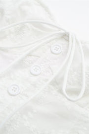 Bow Tie White Embroidery Short Dress with Button