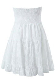 Bow Tie White Embroidery Short Dress with Button