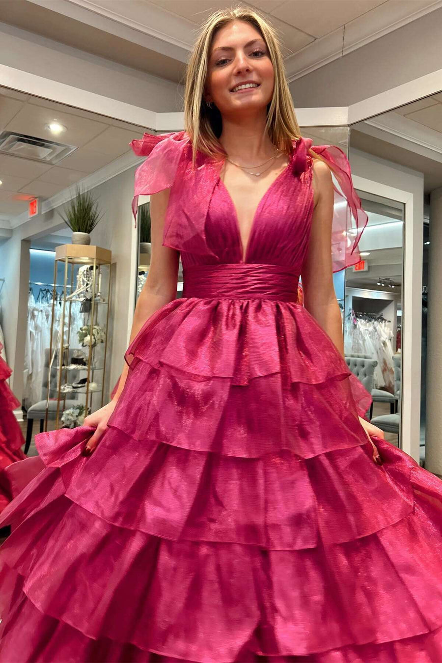 Bow Tie Pink Tiered A-line Long Dress with Slit