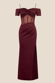 Burgundy Sheer Ruched Long Dress with Slit