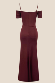 Burgundy Sheer Ruched Long Dress with Slit