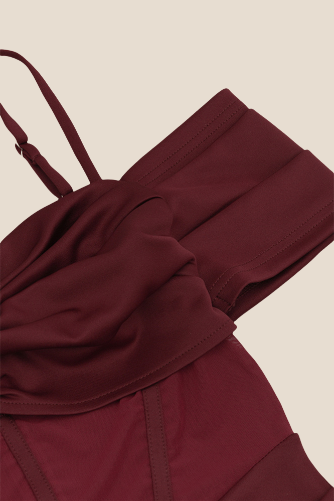 Burgundy Sheer Ruched Long Dress with Slit