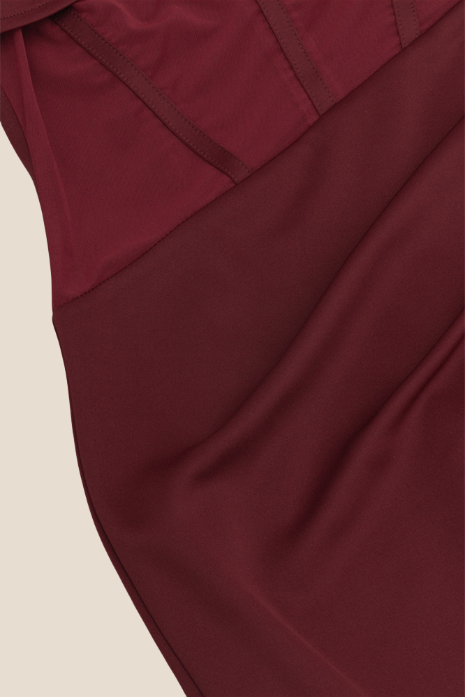 Burgundy Sheer Ruched Long Dress with Slit