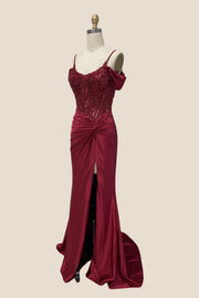 Cold Shoulder Burgundy Beaded Ruched Long Dress